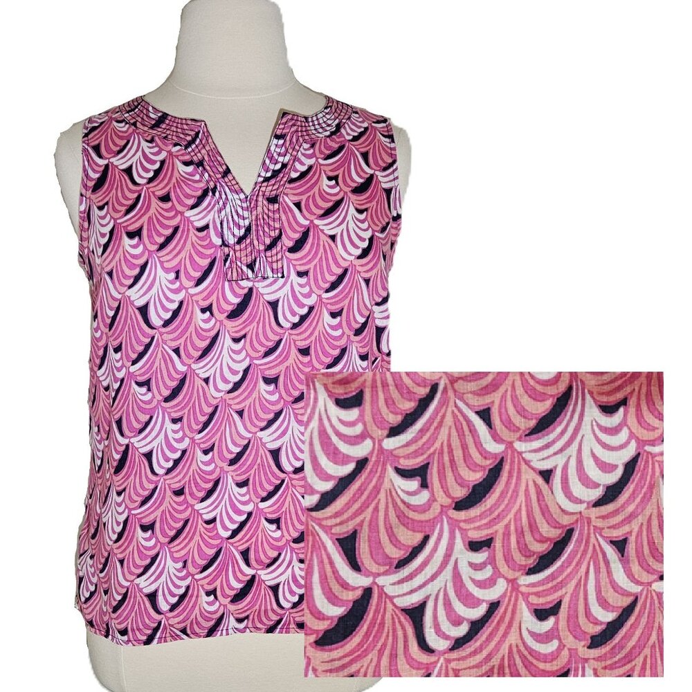 Talbots Split Neck Sleeveless Linen Popover Top Pink Multi